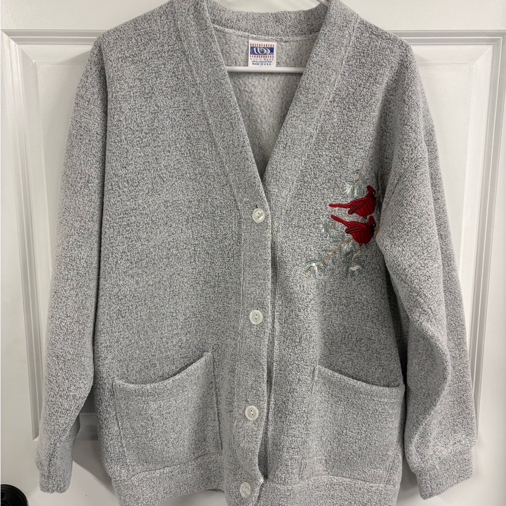 VINTAGE Cardigan Grandmacore Sweater Womens Large Red Cardinals Birds